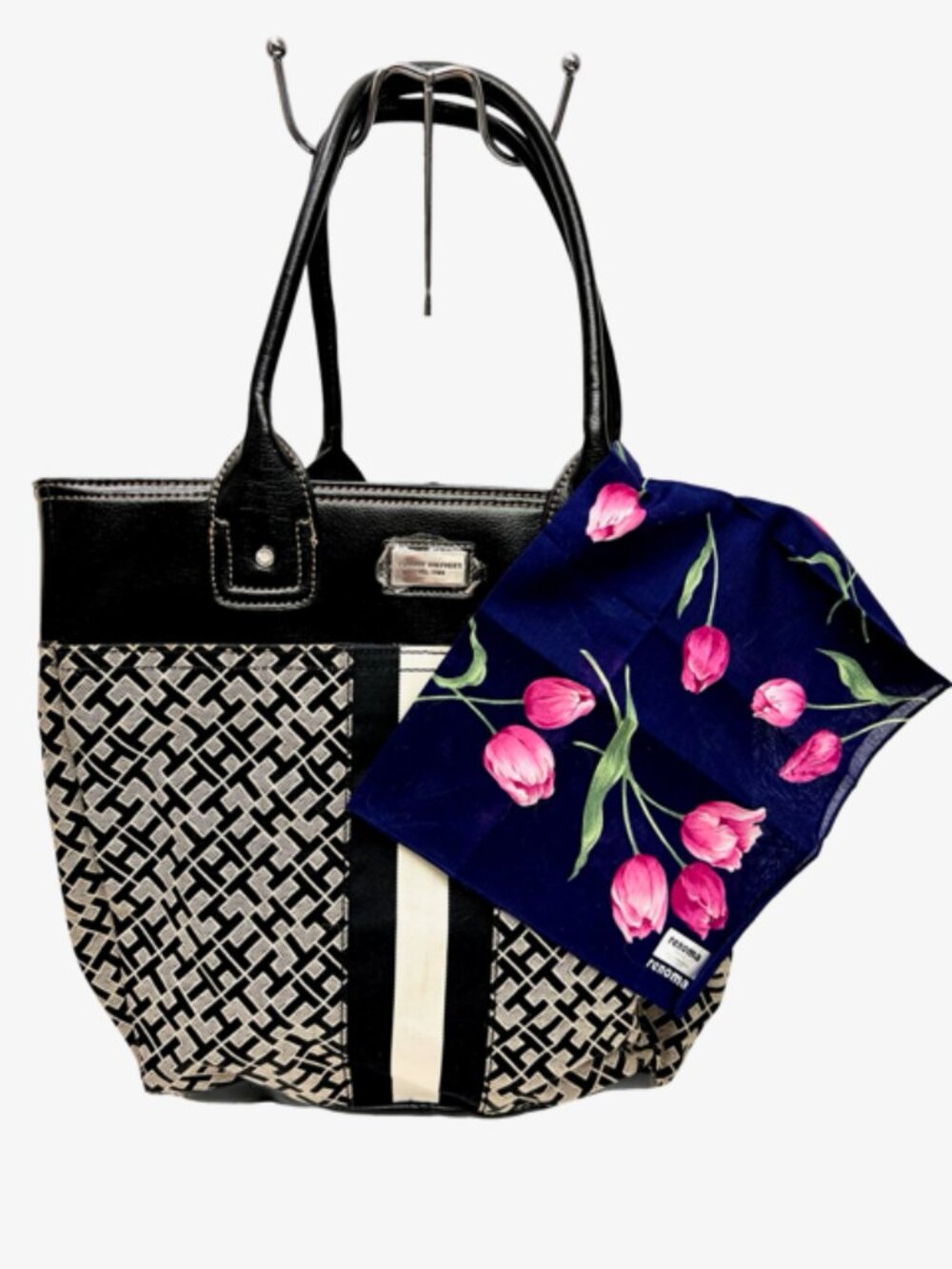 New-Everyday Tommy Hilfiger  Black/ White Logo Tote Bag +New Renoma Kerchief (10 - Picture 11 of 13